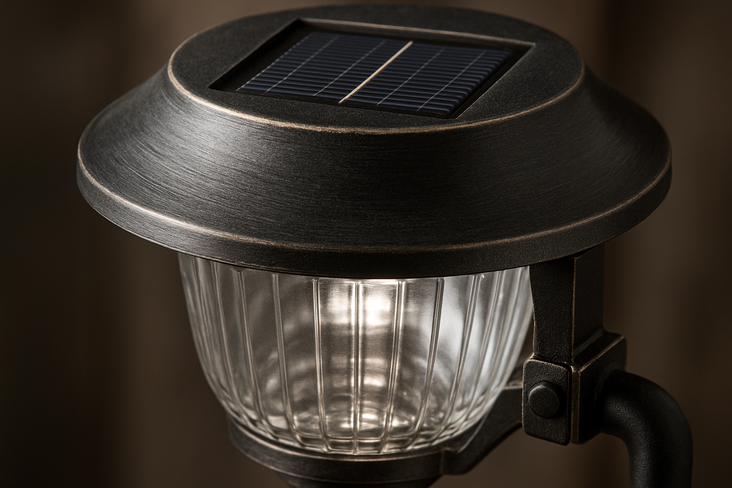Close-up photo of a durable solar-powered garden light, showing texture, material and build quality