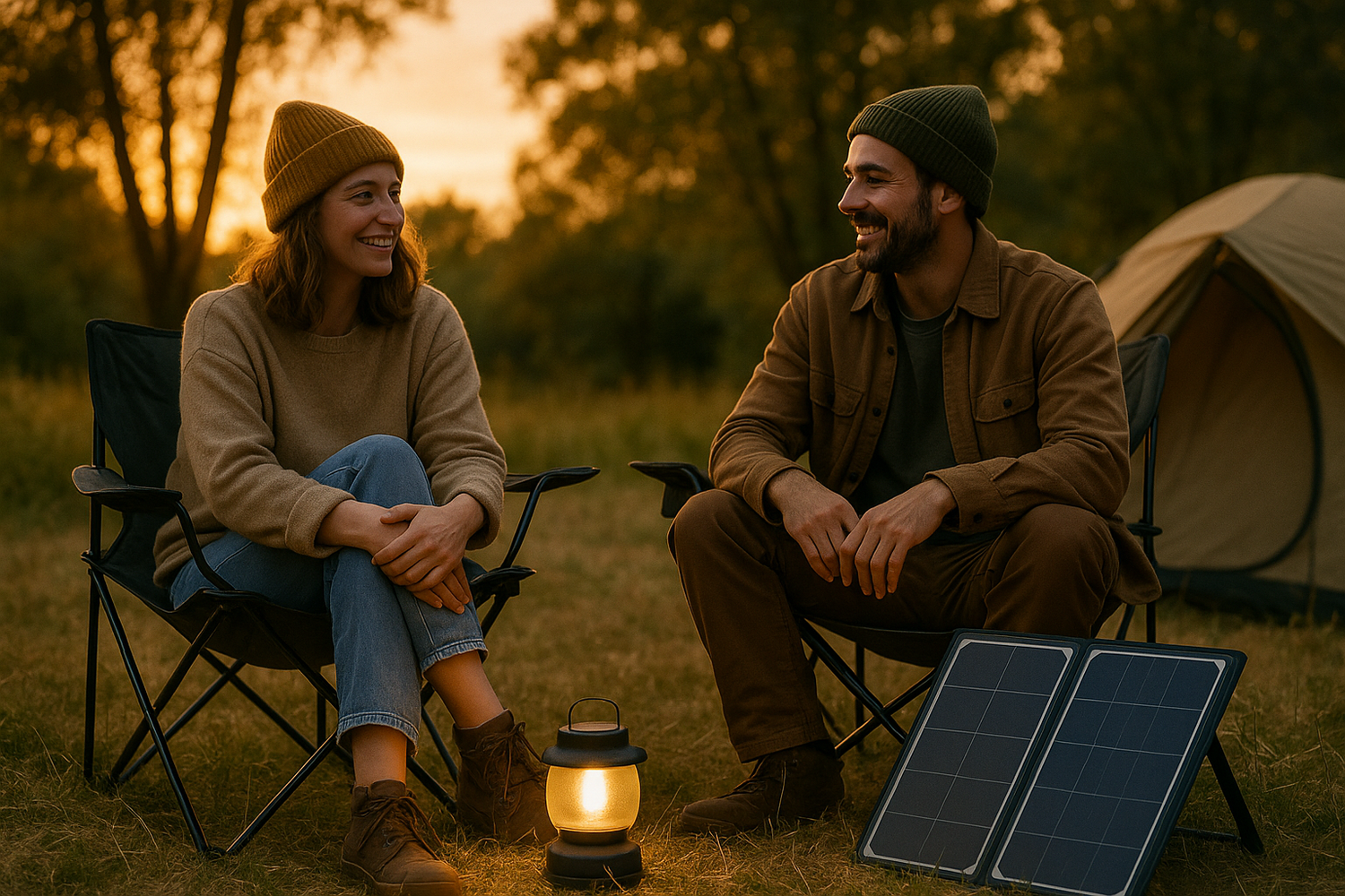 Two people sitting outdoors near a small solar lantern and portable solar panel, relaxed camping vibe, warm natural light, eco-friendly feel