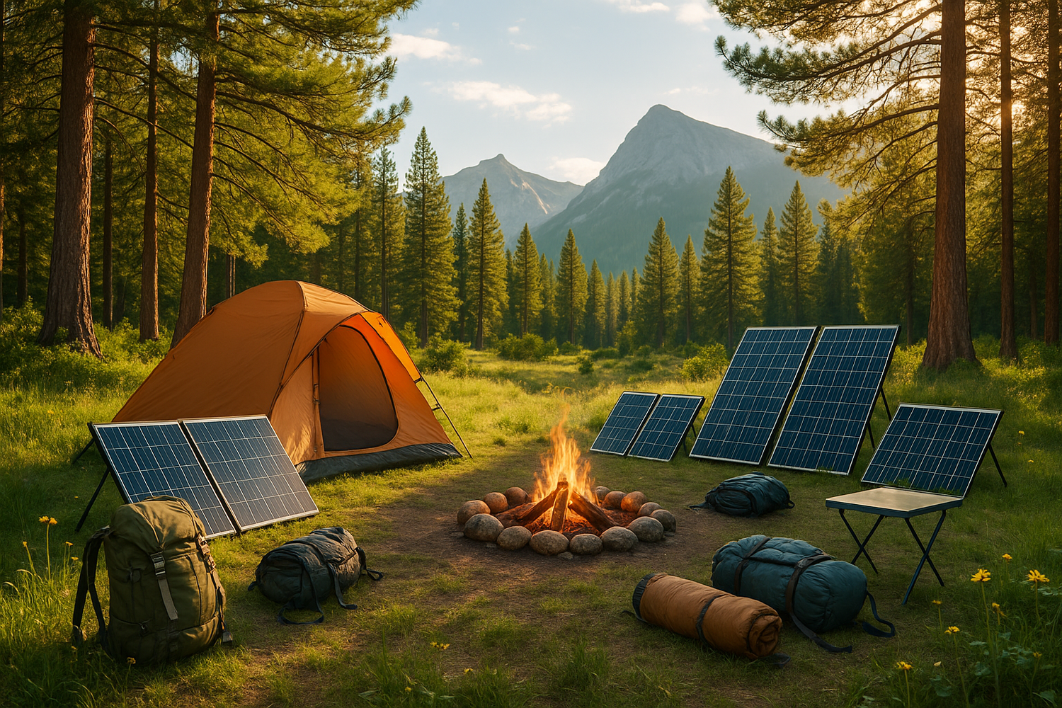 A camping scene with solar panels in nature